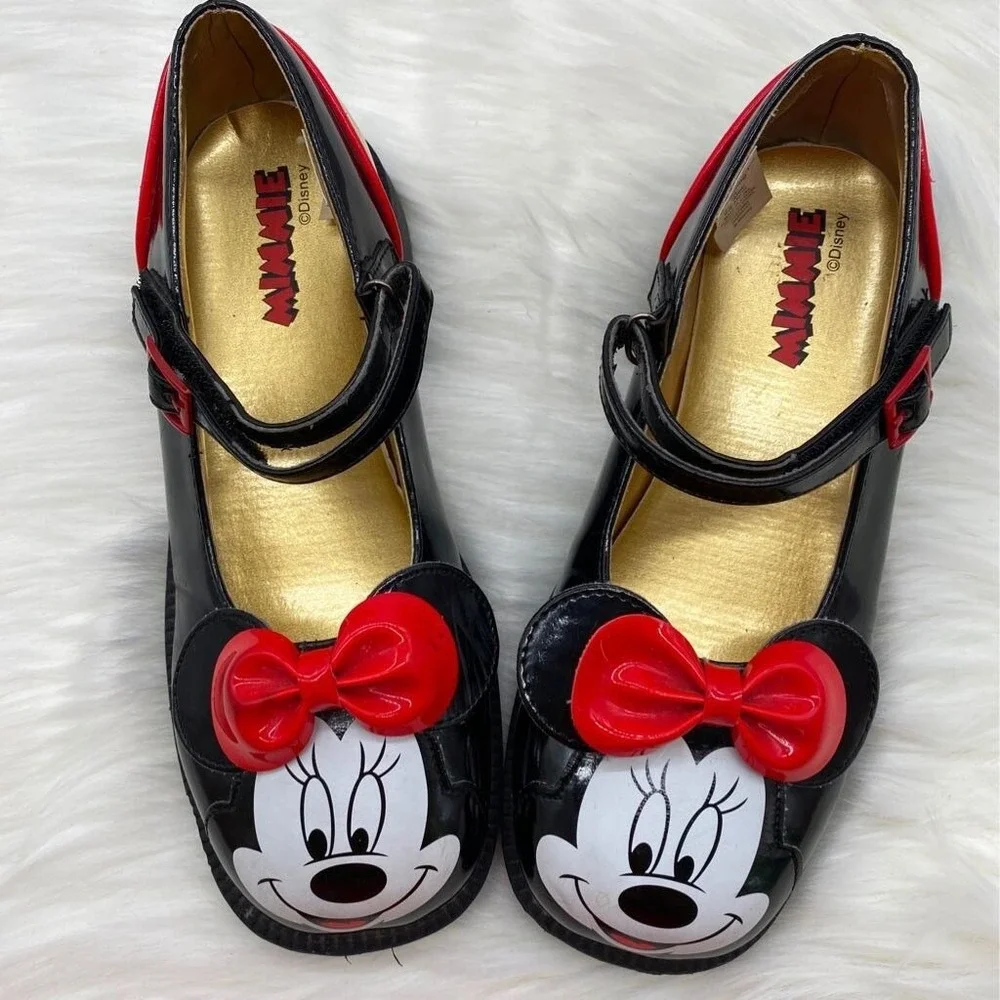 Vintage Disney Shoes Girls Sz 2-3 Minne Mouse Mary Jane Black Bow Buckle